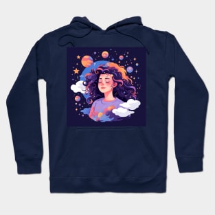 Woman with sweet dreams concept Young girl with galaxy and universe at hairs Hoodie